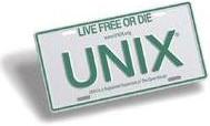 [License plate: Live free or die - UNIX]
